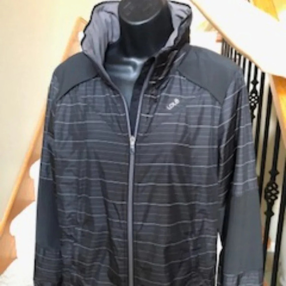 Lole Performance Hooded Striped Full Zip Windbreaker Jacket Black + Grey Sz L - Picture 1 of 7